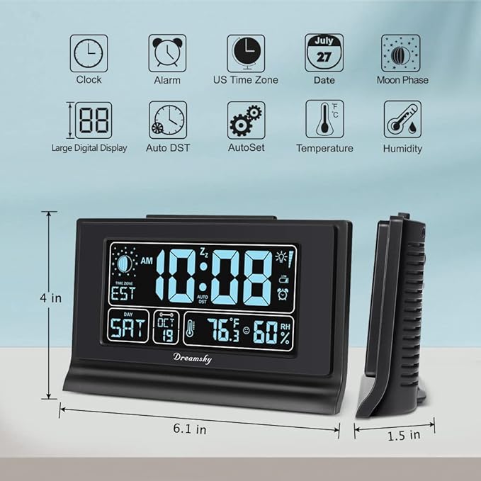 DreamSky Alarm Clocks for Bedrooms with Battery Backup, Auto Set Digital Clock with Date and Day of Week, Indoor Temperature Humidity, Moon Phase, Dimmer, Auto DST, USB Port