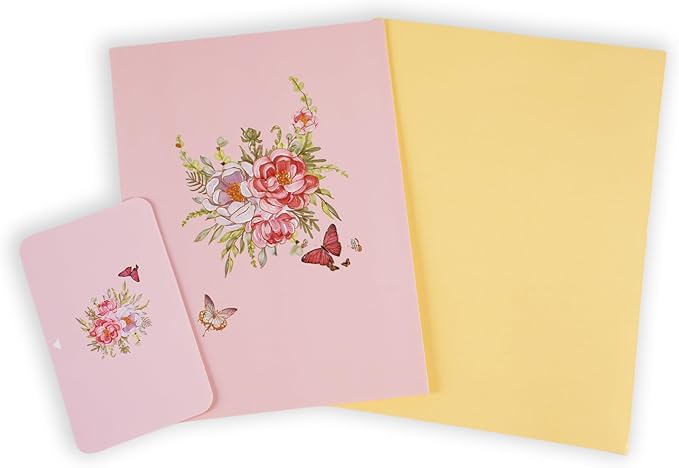 3D Bouquet Butterflys Gold Pop Up Thank you Card, Teacher Appreciation Card, Handmade Flowers Box Greeting Cards with Note and Envelope for New Year Anniversary Valentines
