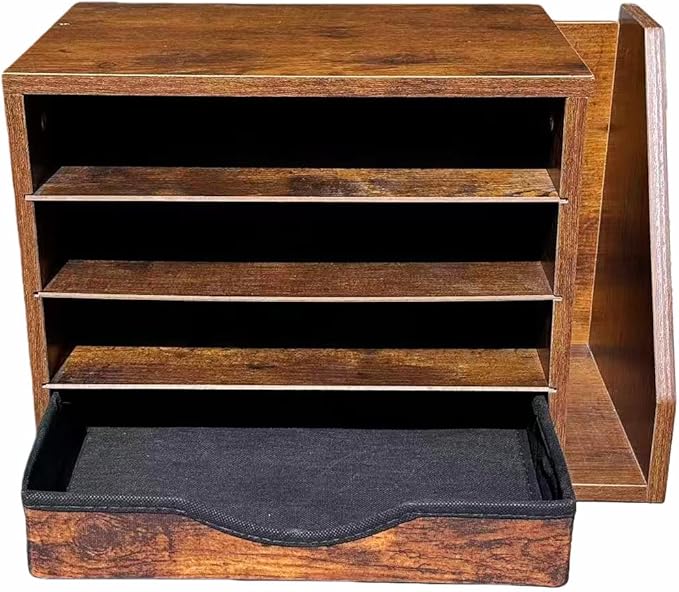 File Organizer with Drawer, Office Desk Organizer Wood, with 4 Adjustable Shelves, Mail Sorter with Drawer, Office Desk Paper Holder, Brown
