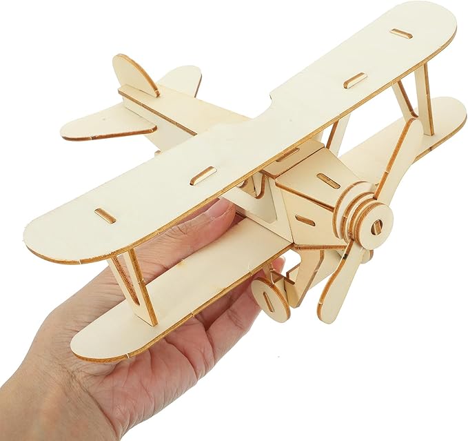 NUOBESTY Wooden Assemble Plane Puzzle Kit, 3D Plane Model Toy Handmade DIY Airplane Craft for Painting and Educational Play