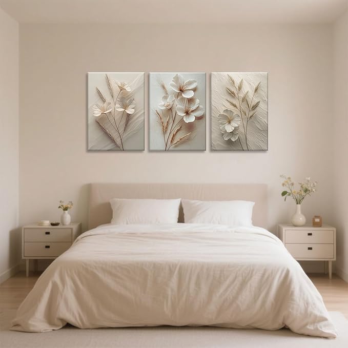 TUEASKY 3 Piece Canvas Wall Art Beige Wall Decor Floral Pictures Flower Art Prints Neutral Botanical Paintings Minimalist Artwork For Bedroom Living Room Office