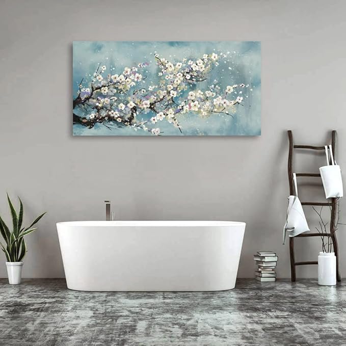 Flowers Wall Art Plum Blossom Canvas Art Botanical Floral Canvas Pictures Grey Blue Canvas Artwork for Bedroom Living Room Bathroom Kitchen Office Home Wall Decor Framed Ready to Hang 24" x 48"