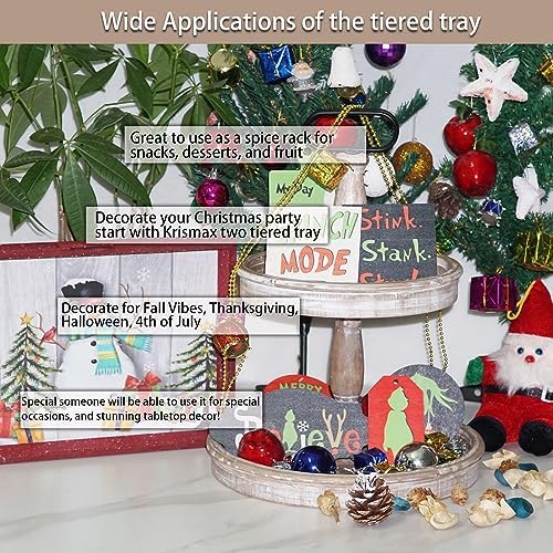 Krismax Decorative Trays - Two Tiered Tray Stand Rustic Decor Farmhouse 2 Tiered Tray Serving Tray Seasonal & Holiday Decoration Wooden Tray - Image 6