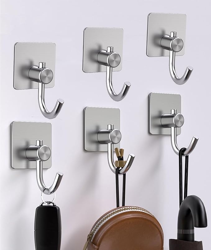 Self Adhesive Towel Hooks for Bathrooms, Sturdy Wall Hooks for Walls No Damage, Waterproof Rustproof Stainless Steel Sticky Hooks for Hanging Shower, Bathroom, Kitchen, Robe, Coat, Silver