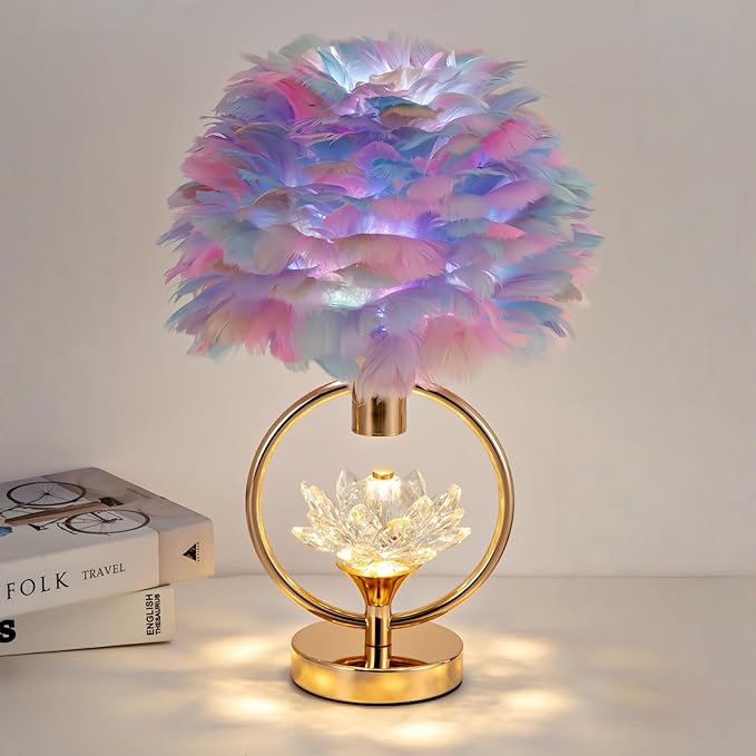 Colorful Feather Lamp 17IN Unique Fluffy Table Lamp Crystal Feather Bedside Nightstand Lamp Nordic Desk Light for Girl Bedroom Wedding Christmas Gift Deco Living Room Entry Office