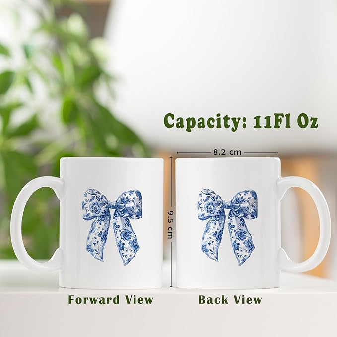 Chinoiserie Bow Coffee Tea Mugs, Coquette Grandmillennial Bows Ceramic Coffee Mug, Vintage Blue Coffee Cup, 11oz Ceramic Cup White