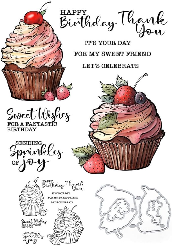 Birthday Cupcake Strawberry Stamps and Cutting Dies for Card Making DIY Transparent Silicone Clear Stamp and Metal Die Cuts Sets for Scrapbooking Paper Greeting Cards Decor Seals Craft Supplies