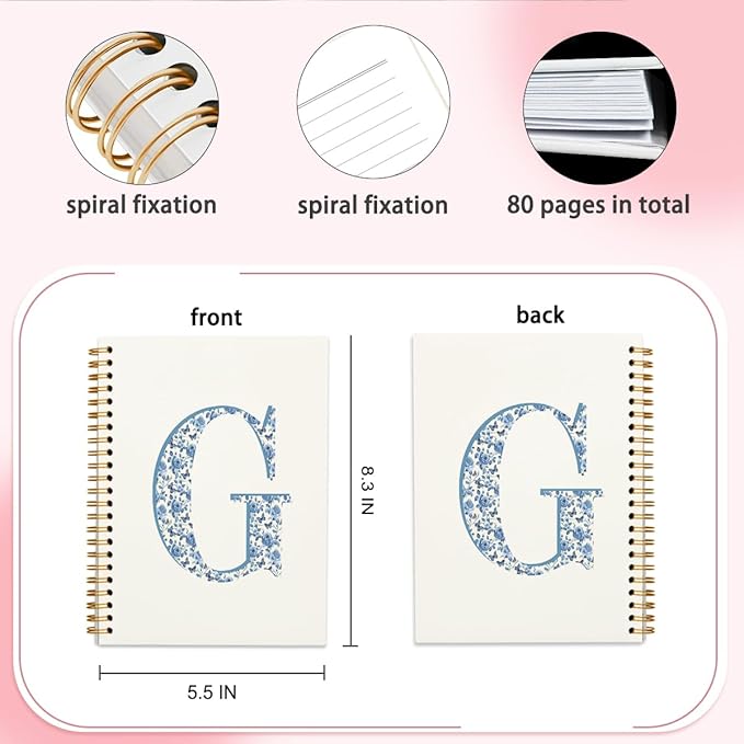Blue Cute Initial Notebook Journal Diary Libretas Escolares G, Cute Preppy Personalized Notebook Gifts for Women Teen Girls Kids,Preppy Blue Aesthetic School Supplies for Girls 5.5x8.3