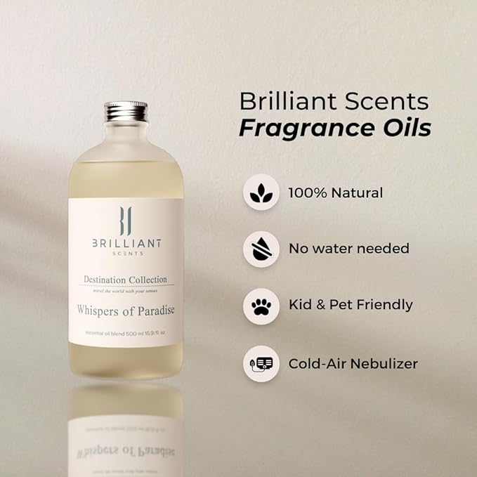 Brilliant Scents Whispers of Paradise Fragrance Oil 120ml - Premium Diffuser Oil for Home, Office, Hotels - Long Lasting, Plant-Based, Meets IFRA Standards, USA-Made - Lemon, Jasmine, Vanilla