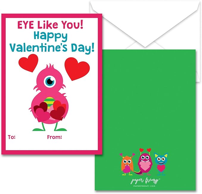 Paper Frenzy Friendly Monster Themed Valentines - 25 pack WITH ENVELOPES