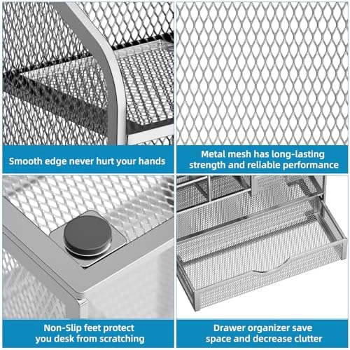 Marbrasse Mesh Pen Holder for Desk, Pen Organizer with Drawer, Multi-Functional Pencil Organizer, Desk Organizers and Accessories for Office Art Supplies (Silver) - Image 6