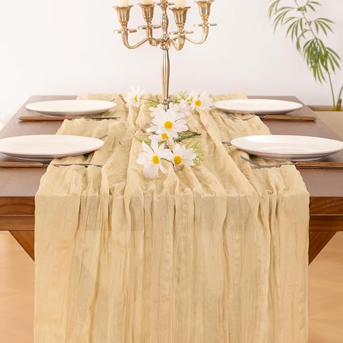 Socomi Gold Champagne Cheesecloth Table Runner Valentine's Day Boho Rustic Gauze 120 inch 10FT Cheese Cloth Runner for Wedding Party Baby Shower Birthday Home Decor Holiday Decorations