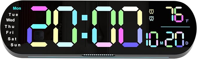 Digital Wall Clock with 13.7-Inch Display, Wall Clock with 9-Color Backlight, Remote Control, Dual Alarms, DST Mode, and Indoor Temperature, Modern Digital Clock