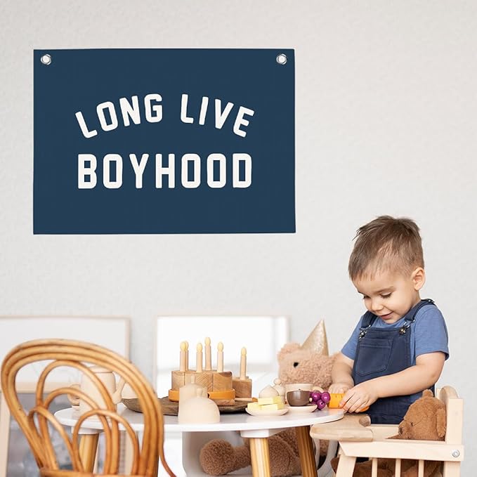 Dark Blue Long Live Boyhood Boys Room Playroom Wall Decor Vintage Sports Decor for Nursery Playroom Kids Bedroom Dorm Toddler Decorations 22x28 Inch
