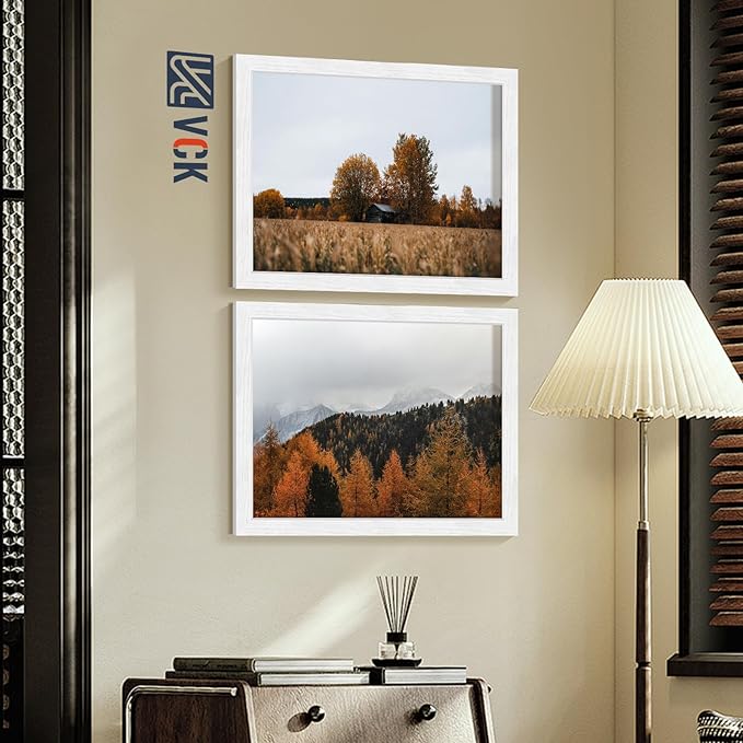 VCK 12x16 Picture Frames White Set of 5, Wide Border Wood, Tempered Glass, Display 8.5x11 Photo with Mat or 12 x 16 without, for Home, Office, Gallery, Woodgrain Series, Wall Hanging