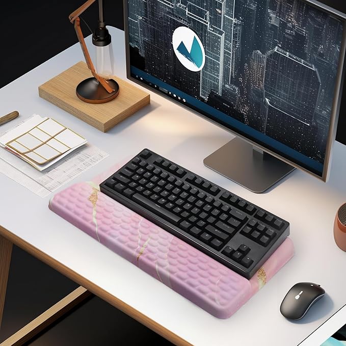 Computer Keyboard Stand Pad with Wrist Rest, Ergonomic Comfy Tilted Keyboard Holder, Keyboard Tray Support for Office Home (Marble Pink)