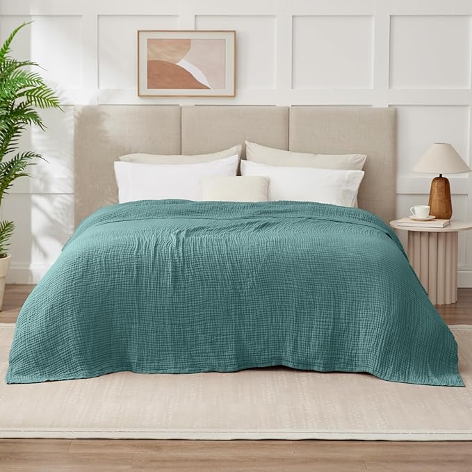 100% Cotton Muslin Blanket Queen 90" x 90", 6 Layers Breathable and Lightweight Cotton Throw Blanket for Bed, Soft Quilt Bedspread Coverlet, Gauze Blanket for Adults All Season, Teal