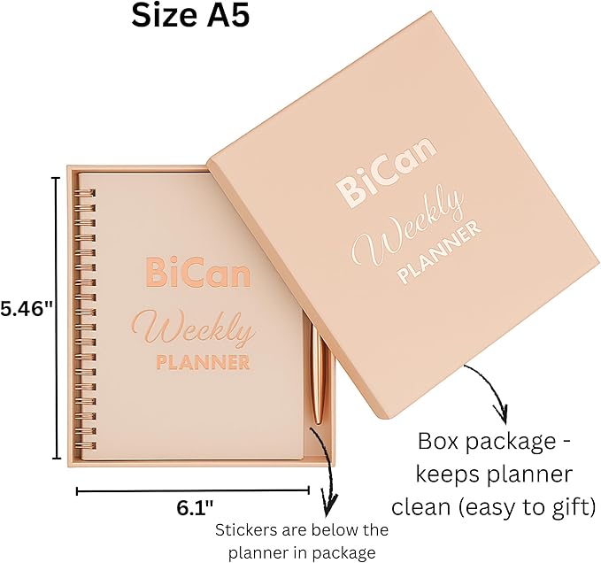 A5 Leather PU Planner & Journal Gift Set – Undated Weekly Spiral Notebook with Pen, Stickers & Box – Goal & Habit Tracker, Productivity Planner for Women & Men 5.8" x 8.0"