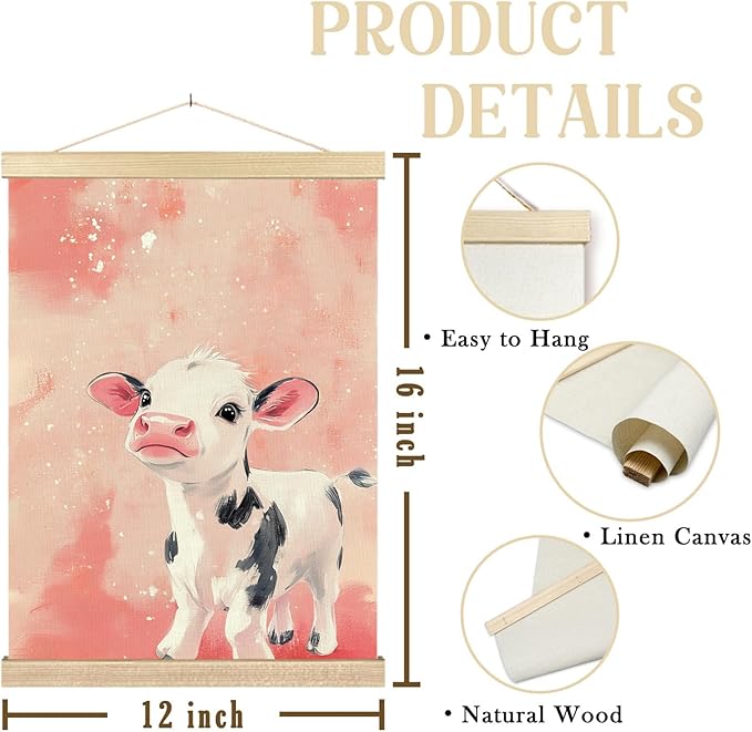 bitCNY Cute Baby Cow Wall Art – 12x16 Inch Calf Print on Pink Background, Farm Animal Nursery Poster for Girls' Room 589