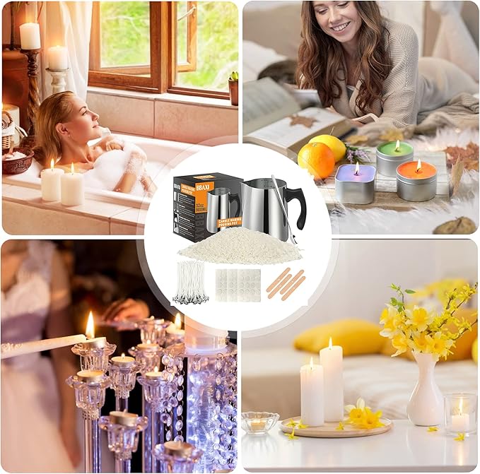 Candle Making Kit - 32oz Pouring Pot, 16oz Soy Wax, Wooden Wick Holders, Candle Wicks, Stickers and Spoon
