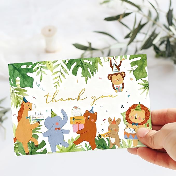 Whaline 24 Pack Jungle Animals Thank You Cards Greeting Card Greenery Forest Annimal Blank Note Card with Envelopes Stickers for Baby Shower Birthday, 4 x 6 Inch