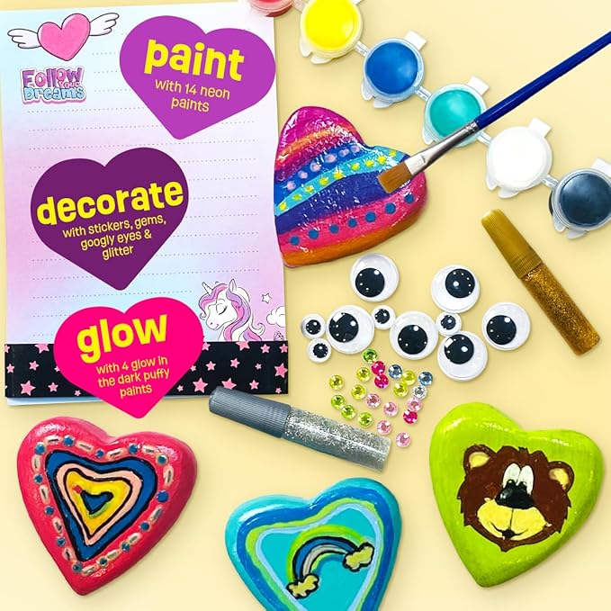 Hearts Rock Painting Kit for Kids Girls - Glow in Dark Art Supplies Ages 4-12 - Complete STEM Craft Set with Puffy Paint Stickers Gems Paints - Educational Birthday Christmas Gifts Art Toys for Girl