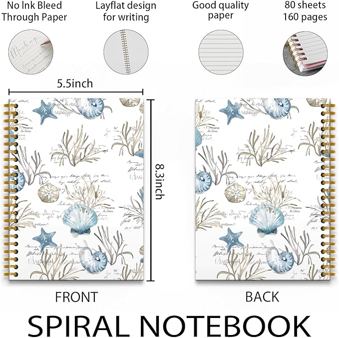Vintage Ocean Beach Notebook, Seashell Coral Aesthetic Notebook, Seashell Gifts for Women, Ocean Composition Notebooks, Beach Office Decor Spiral Notebooks, 5.5x8.3 Inch