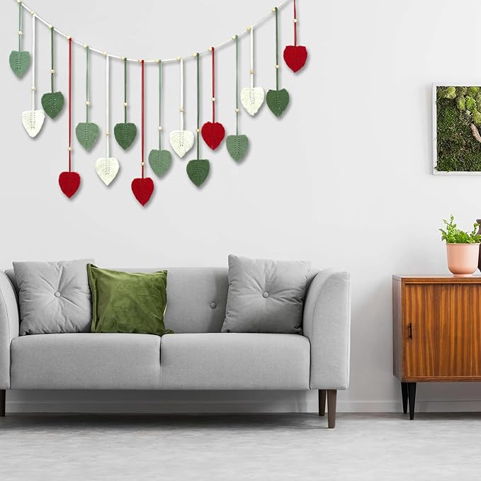 LB Christmas Macrame Wall Hanging Large, Red Feather with Wood Beads Boho Woven Tapestry Wall Hanging Macrame Wall Decor Handmade Red and Green Wall Art for Living Room Bedroom Nursery, 47x30 Inch