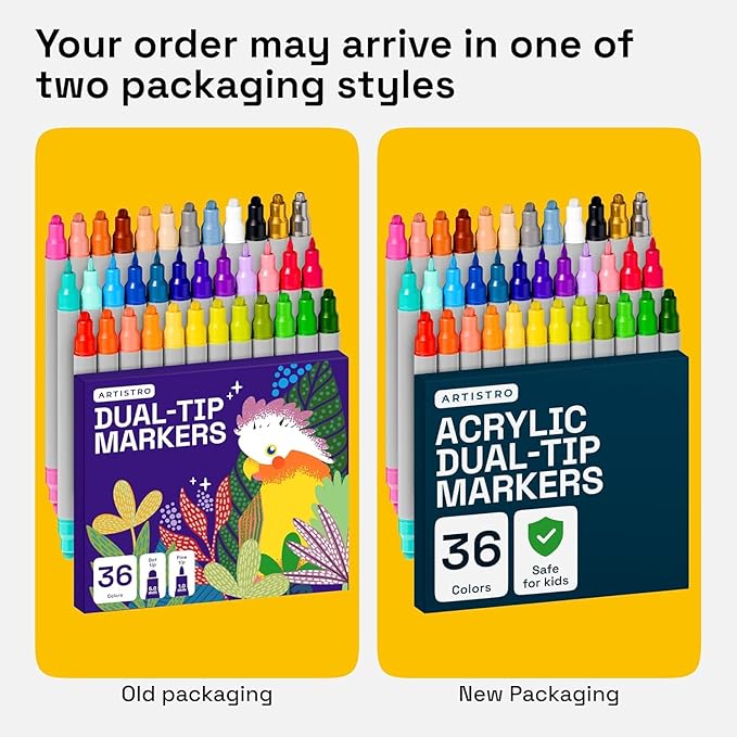 ARTISTRO 36 Acrylic Paint Markers for Rock, Fabric, Wood, Glass, Craft, Decoration - Dual-Tip Paint Pens - Stocking Stuffers, Christmas Gift Idea for Teens, Grandkids, Kids - Art Supplies