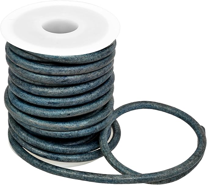 GENIQUE Real/Genuine Round Leather String Cord for Necklace, Bracelets, Jewellery, Braiding (4mm, Blue Distressed)