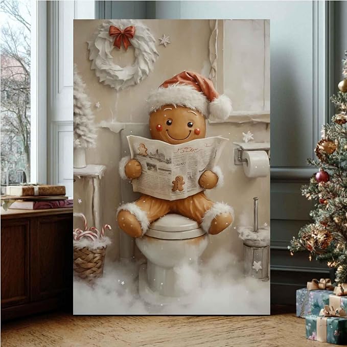 Christmas Bathroom Canvas Painting Gingerbread Man Holiday Print Santa Hat Cookie Character Wall Art Vintage Rural Art Winter print Indoor Decor for Bathroom Living Room Funny Framed Ready to Hang