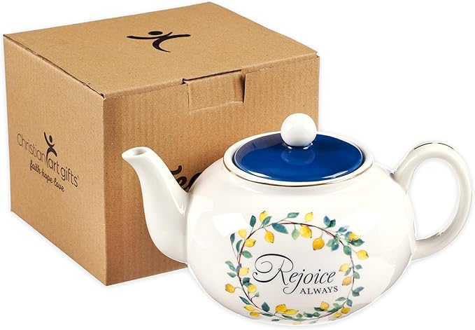 Christian Art Gifts Large Ceramic Cute Inspirational Scripture Teapot for Women: Rejoice Always Bible Verse for Home & Kitchen w/Gold, Easy-pour Lead & Cadmium-free, White/Blue & Yellow Lemons, 34 oz.