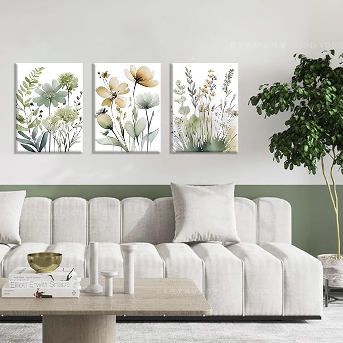 Framed Sage Green Botanical Wall Art Set of 3 Boho Floral Canvas Wall Decor Paintings Minimalist Flower Posters Prints Pictures for Bedroom Bathroom Living Room12x16 Inch