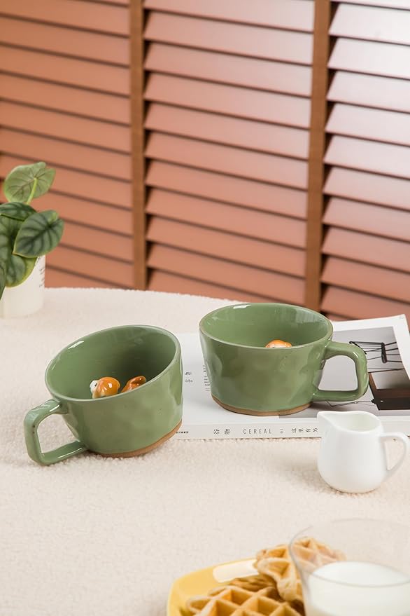 DIHOclub Farmhouse Ceramic Coffee Mug with Animal Figurine – Rustic Stoneware Cup, Matte Finish, Ideal for Breakfast & Home Decor (Green Dog)