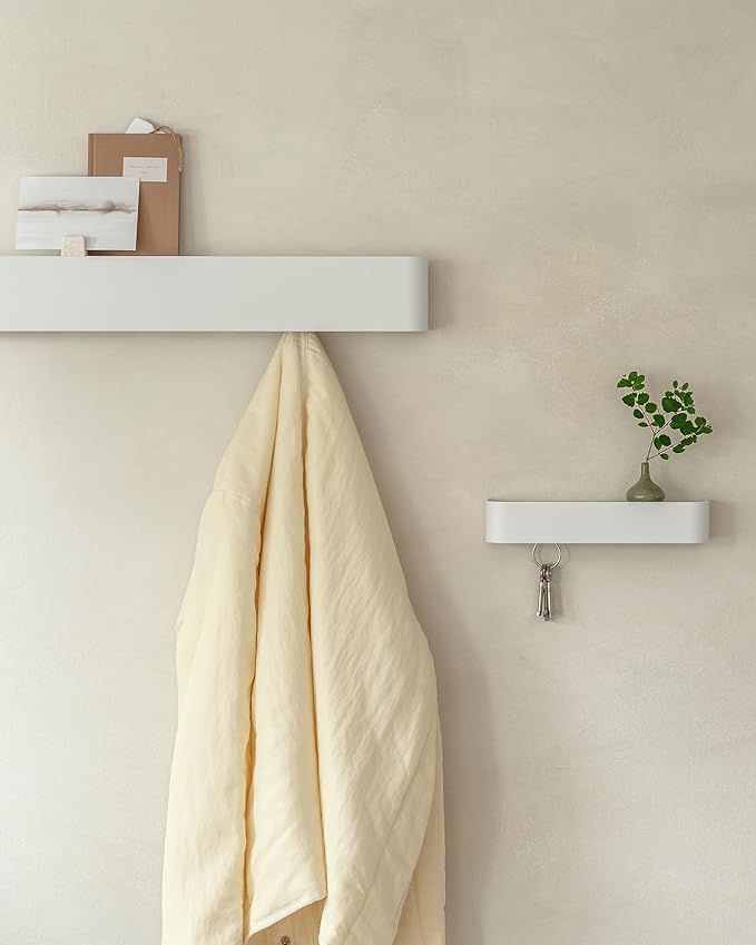 Kazai.ยฎ๏ธ Coat Rack Wall Mount with Shelf 'Tone' | Modern Design Coat Hanger with Hidden Hooks and Storage | Hat Rack with Shelf in Metal | Wall-Mounted Purse Organizer | White