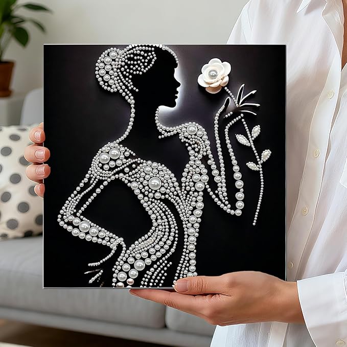 DIY Pearl Painting Kit with Wooden Frame, 3D Plastic Pearl Gemstone Ocean Art Craft for Adults Beginners, Diamond Art Kits for Adults, Home Wall Decor Ready Gift for Women(Silhouette Lady)(30 * 30cm)