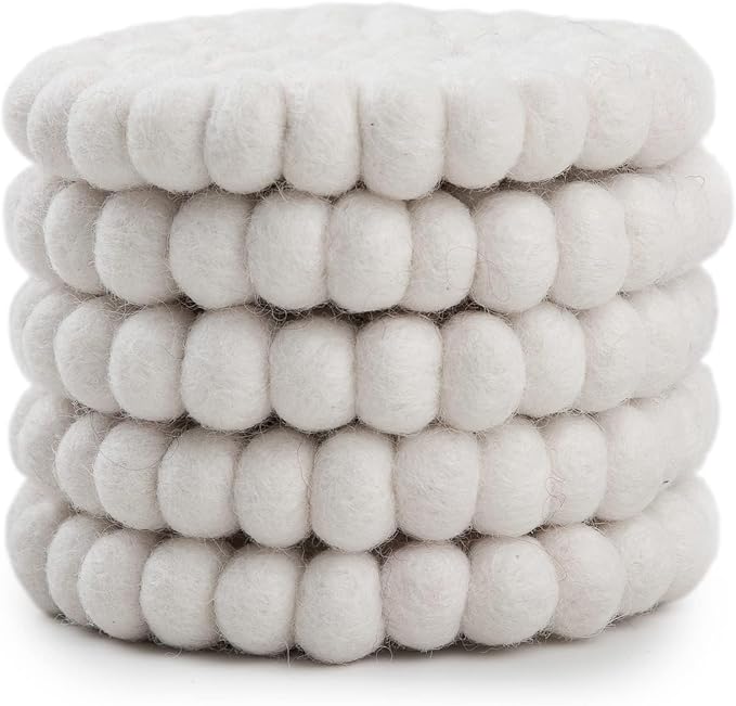 Round Felt Ball Coasters - 100% Merino Wool Table Coasters - Felt Coaster Pads, Absorbent Trivet for Drinks - Heat Resistant, Thick & Durable Hand Felted in Nepal by Woolygon- Multicolor - Set of 5