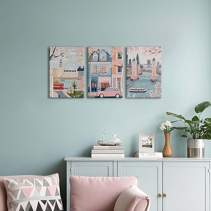XLARTMY Watercolor City Landscape Travel Wall Art Canvas Framed Pink Cherry Flower Poster Girly Prints Painting Pictures Set of 3 for Bedroom Living Room Office 16x24in