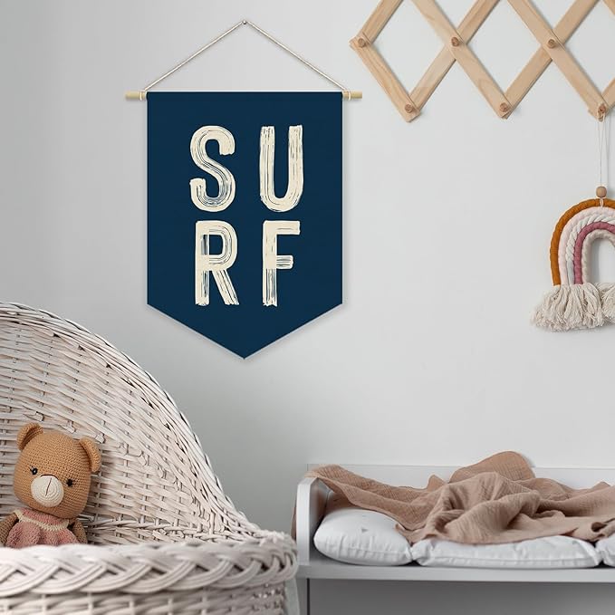 Coastal Beach Surf Room Decor Nautical Linen Canvas Banner, Navy Blue Surf Ocean Wall Hanging Pennant Flag Banner for Home Bedroom Living Room Beach House Decor, 15x11in