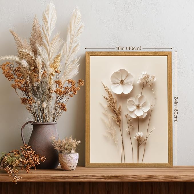 HLXRAE Minimalist Beige Floral Canvas Wall Art, Neutral Farmhouse Wall Decor, Wood Framed Vintage Botanical Poster Prints, Modern Flower Aesthetic Pictures for Bathroom Living Room Bedroom 12"x16"x3