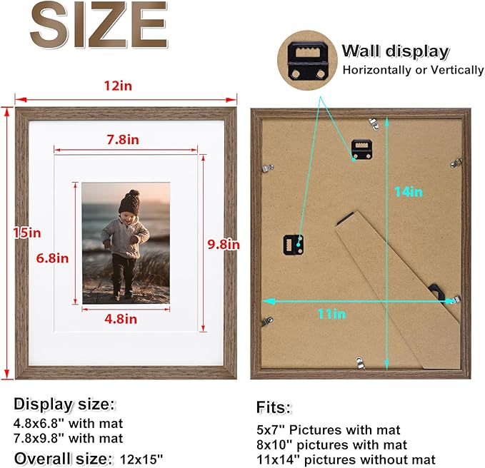 KINLINK 11x14 Picture Frame Brown Wood, Solid Wood Frames with Acrylic Plexiglass for Pictures 5x7/8x10 with Mat or 11x14 without Mat, Tabletop and Wall Display, Set of 4
