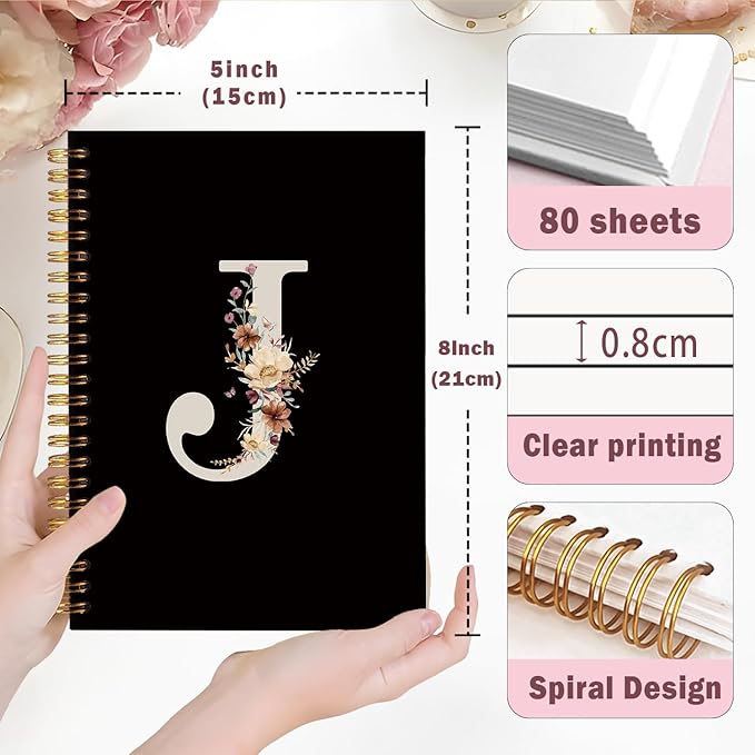 Lacama Black Initial Letter J School Notebook Journal, Cute Wildflower Personalized Spiral Notebook, School Supplies, Customized Monogrammed Gifts, Birthday Gifts for Women, Office Supplies