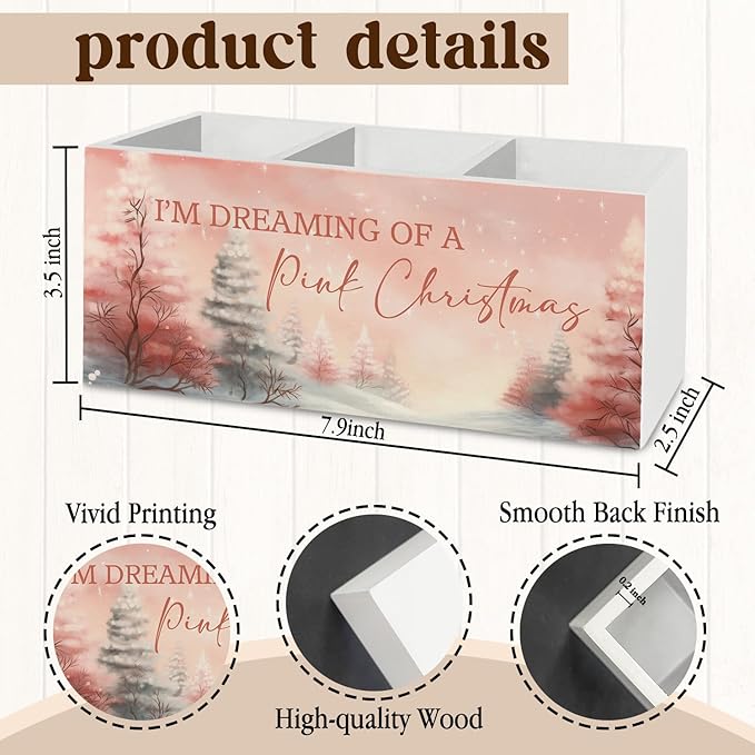 Pink Winter Christmas Pen Pencil Holder Organizer for Desk Accessories, Rustic Xmas Winter Pine Tree Landscape Wooden Box Sign Desk Decor for Home Office Decoration, Pink Christmas Decor