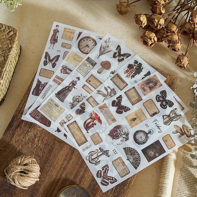 Vintage Stickers for Scrapbooking, Junk Journal - 24 Sheets Washi Sticker, Victorian Journal Stickers Book for Women, Self-Adhesive Scrapbook & Junk Journal Supplies (Brown)
