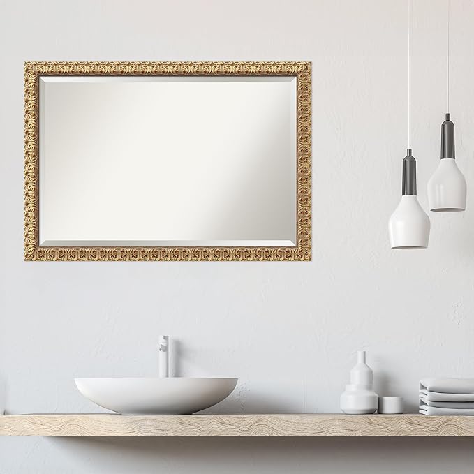 Amanti Art Gold Wall Mirror 27x39 Florentine Gold Rectangle Bathroom Mirror for Wall Decor Living Room, Large Traditional Wood Frame, Hangs Horizonally and Vertically, Bathroom Decor, Beveled Edge