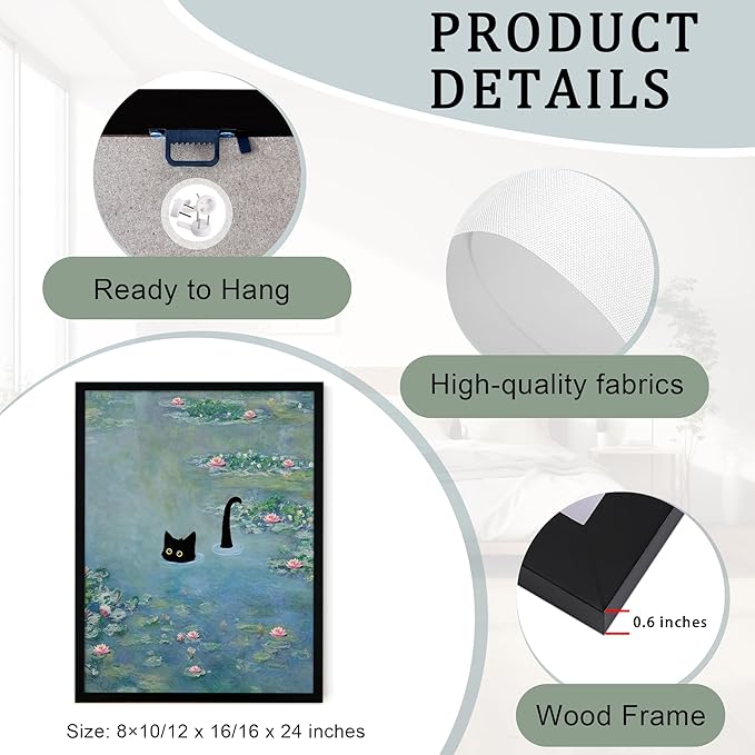 Fantasy Artists Monet Water Lilies Cat Wall Art, Framed Vintage Canvas Art Wall Decor, Funny Black Cat Posters Prints for Bathroom Bedroom Living Room Home Office Decorations 16" Wide X 24" Height