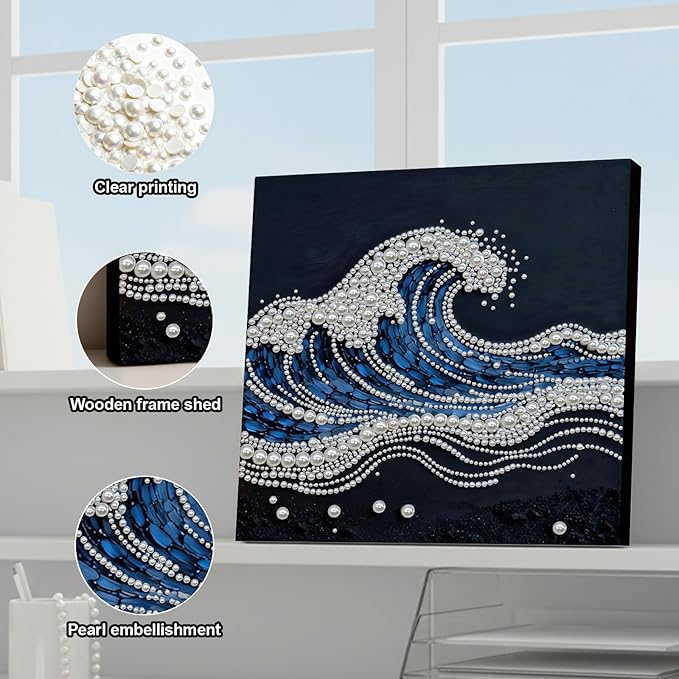 DIY Pearl Painting Kit with Wooden Frame, 3D Plastic Pearl Gemstone Ocean Art Craft for Adults Beginners, Diamond Art Kits for Adults, Home Wall Decor Ready Gift for Women(Waves)(30 * 30cm)