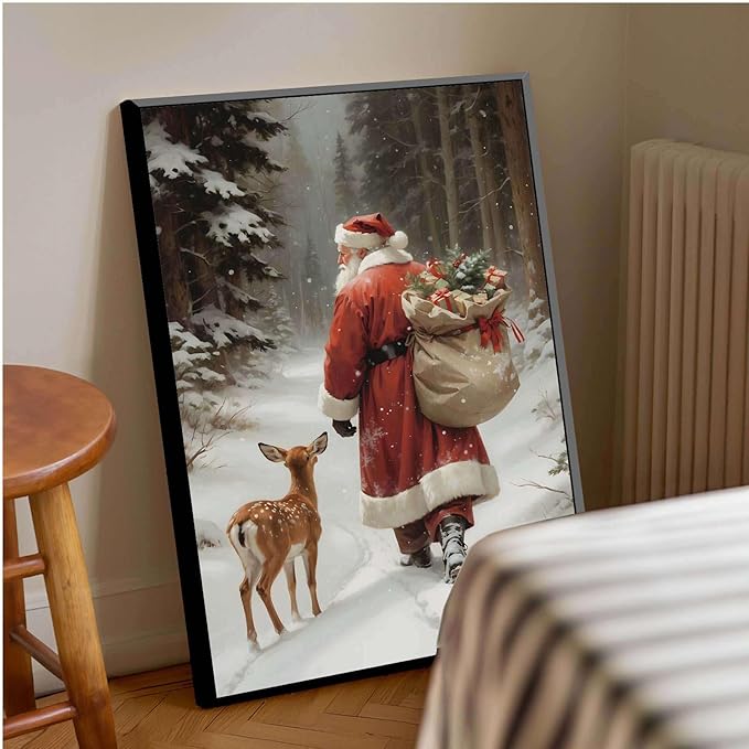 Framed Canvas Wall Art Vintage Santa Claus Print Christmas Wall Art Reindeer Painting Christmas Holiday Decor Winter Forest Painting 20x30in Metal blackFramed