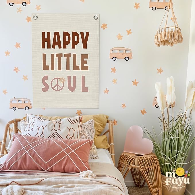 Nursery Wall Decor,Kids Room Decor,Happy Little Soul Linen Canvas Banner,Boho Inspirational Wall Hanging for Girls Bedroom,Nursery,Playroom 18x25 Inch