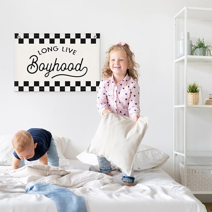 Long Live Boyhood Black and White Checkered Boys Room Decor - Linen Banner Wall Hanging Canvas Banner Flag Decor for Toddler Boy Bedroom Nursery Playroom